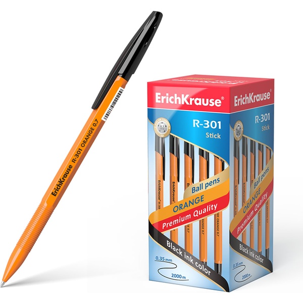 Ручка шариковая черная, 0.7 мм, рифл. грип, ErichKrause R-301 Stick Orange