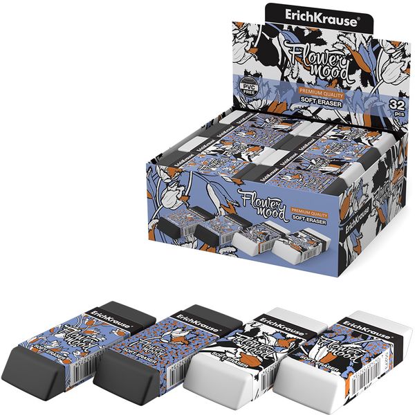 Ластик ErichKrause Tulips, TPR (Dust free), скошенный, 65*25*10 мм, карт. держатель, 4 дизайна