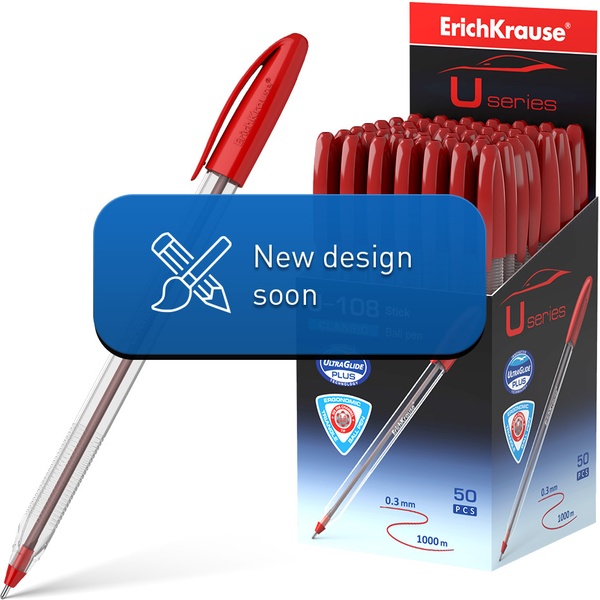 Ручка шариковая красная, 1.0 мм "игла", рифл. упор, прозр. корп., ErichKrause U-108 Stick Classic