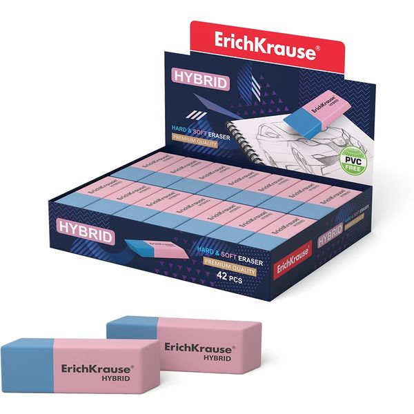 Ластик ErichKrause Hybrid (комбинированный), TPR, скошенный, 57*18*8 мм, розово-синий Ластик ErichKrause Hybrid (комбинированный), TPR, скошенный, 57*18*8 мм, розово-синий