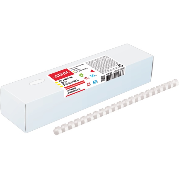 Пружина для переплета пластиковая, Ø12 мм, круглая, сшивает до 80 л., белая, 50 шт/уп, deVENTE