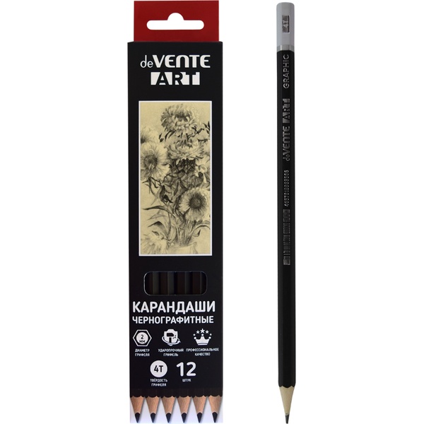 Карандаш чернографитный, 4Т/4H, деревянный, шестигранный, черный, deVENTE Art