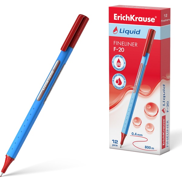 Ручка капиллярная (линер), красная, лин. 0.4 мм, ДП 800 м, ErichKrause Liquid F-20