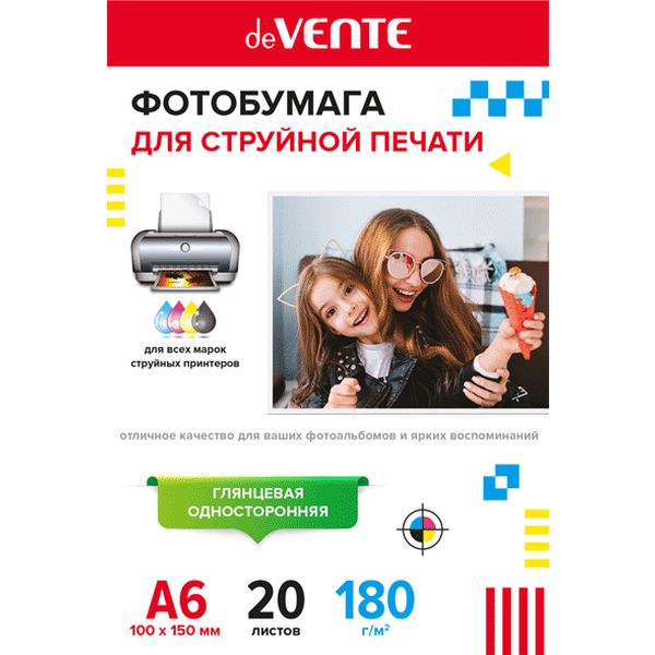 Фотобумага А6, 180 г/м² , 20 л., глянцевая, 1-ст., deVENТЕ