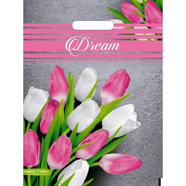 Пакет с вырубной ручкой, 40*30 см, полиэтилен 60 мкм, Тюльпаны на сером