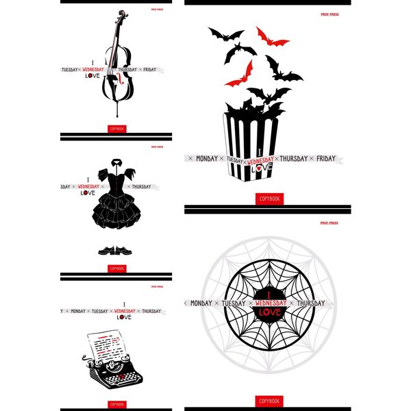 Тетрадь А5, клетка, 48 л., на скобе, 60 г/м², Prof-Press Wednesday white_5 дизайнов