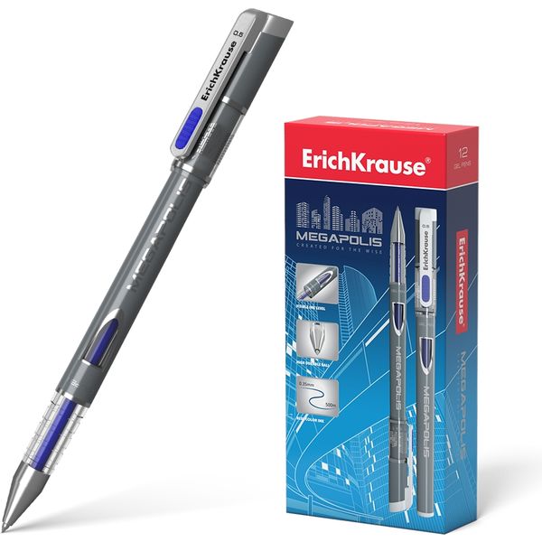 Ручка гелевая синяя, Ø 0.5 мм, лин. 0.35 мм, ДП 500 м, рифл. упор, ErichKrause MEGAPOLIS Gel Stick