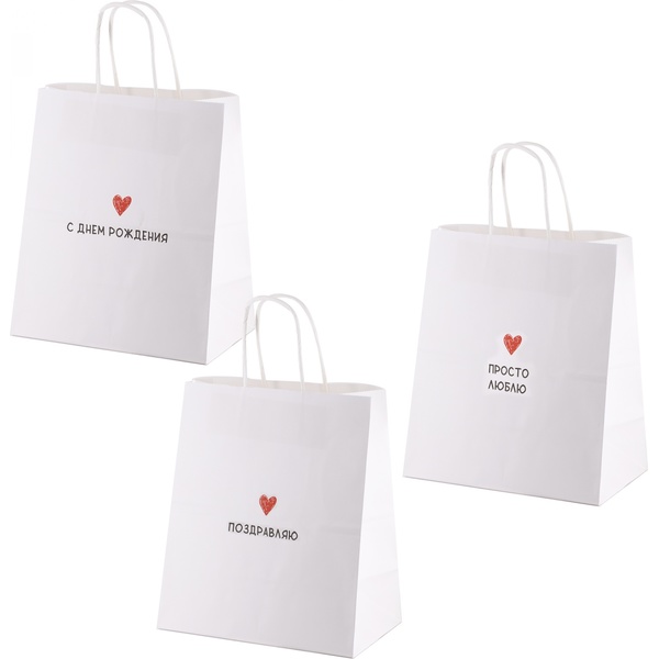 Пакет подарочный, 24*28*14 см, белый крафт, Поздравления ассорти_3 дизайна (набор 3 шт.)