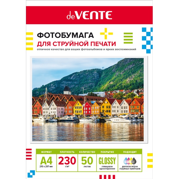 Фотобумага для струйной печати, А4, 50 л., 230 г/м², глянцевая, 1-сторонняя, deVENTE Фотобумага для струйной печати, А4, 50 л., 230 г/м², глянцевая, 1-сторонняя, deVENTE
