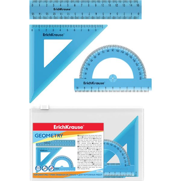 Инструменты чертежные 3 предм.: линейка 15, угольник 45/9, транспортир, ErichKrause Standard_син.