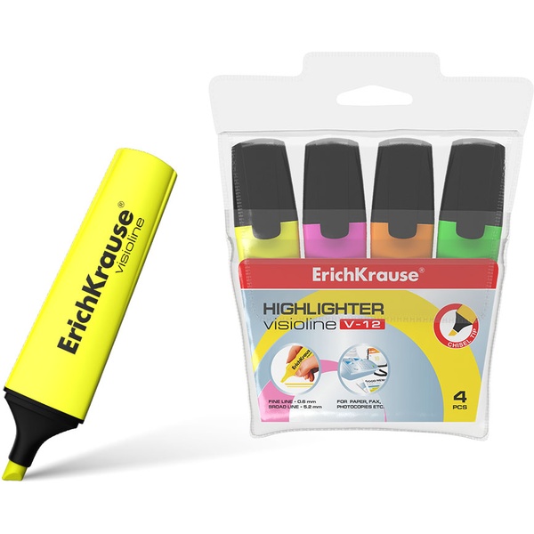 Текстмаркеры 4 цвета, неоновые, ШЛ 0.6-5.2, н-к "клин", ErichKrause Visioline V-12