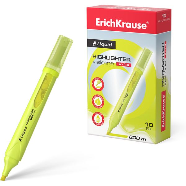 Текстовыделитель ErichKrause Liquid Visioline V-14 Neon, желтый, линия 0.6-4 мм, н-к "клин"