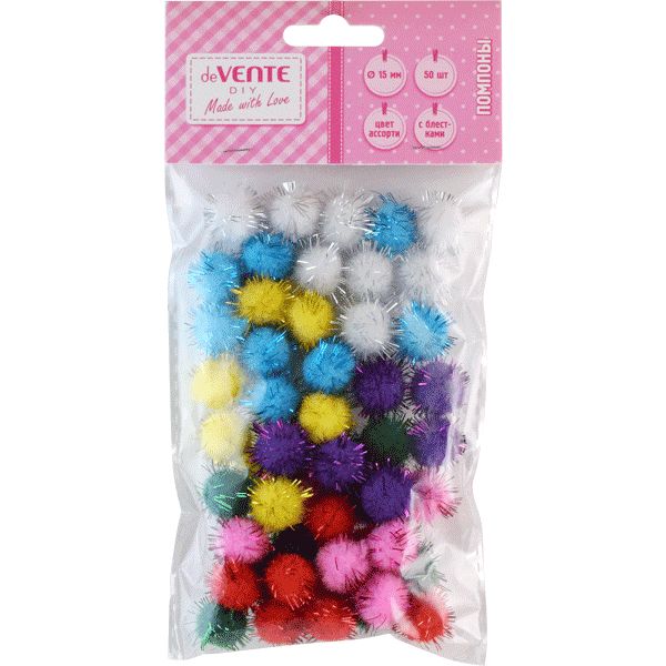 Помпоны блестящие, Ø15 мм, 50 шт., микс цветов, deVENTE DIY Акция!