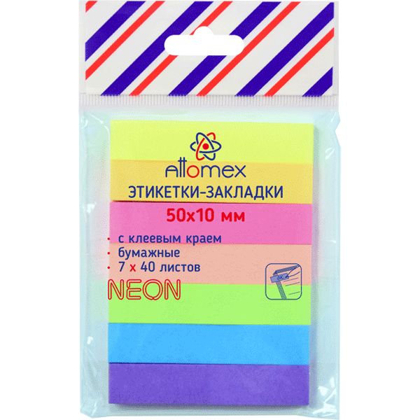 Закладки бумажные с клеевым краем, 10*50 мм, 7*40 л., неоновые, 7 цветов, Attomex  Закладки бумажные с клеевым краем, 10*50 мм, 7*40 л., неоновые, 7 цветов, Attomex