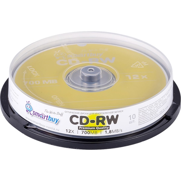 Диск CD-RW SMARTBUY, 700 Мб, 4-12x, Cake Box (упаковка на шпиле), КОМПЛЕКТ 10 шт.