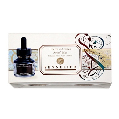 Тушь художественная жидкая Sennelier Artist' INKS, 4 цвета по 30 мл, стекл. флакон, в к/к Акция!
