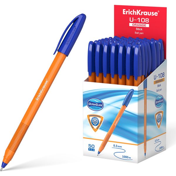 Ручка шариковая синяя, 1.0 мм, узел-игла, грип, ErichKrause U-108 Stick Orange