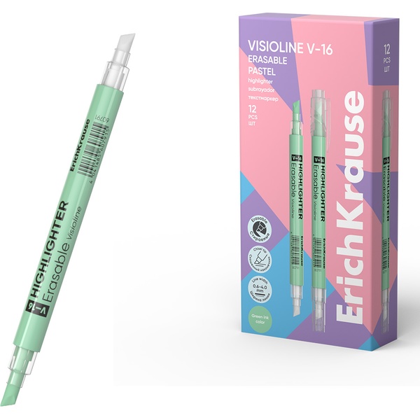 Текстовыделитель двухсторонний стираемый ErichKrause Visioline V-16 Erasable Pastel, зеленый