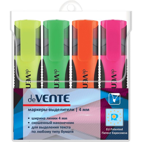 Текстмаркеры 4 цвета, неоновые, ШЛ 1-4 мм, н-к "клин", эрг. корпус, deVENTE