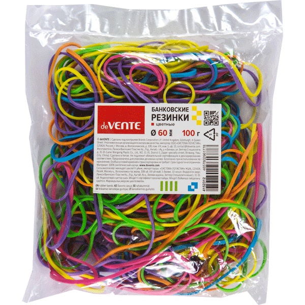 Резинки банковские канцелярские, Ø60 мм, 100 г (п/п), каучук 100%, микс цветов, deVENTE