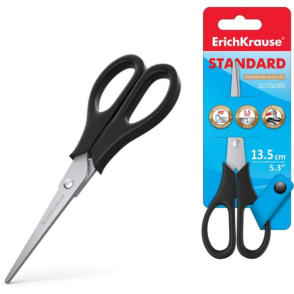 Ножницы 135 мм, классические, пласт. кольца, черные, ErichKrause Standard