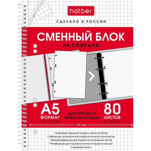 Сменный блок для тетради на кольцах, А5, 80 л., клетка, 60 г/м2, 6 проколов, на спирали, Hatber