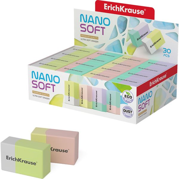 Ластик ErichKrause Nano Soft, экстрамягкий, Eco-PVC (Dust free), прямоуг, 33*22*13 мм, 4 дизайна