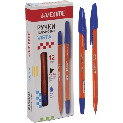 Ручка шариковая, синяя, Ø 0.7 мм "игла", шестигр., оранж. корп., рифл. упор, deVENTE Vista 