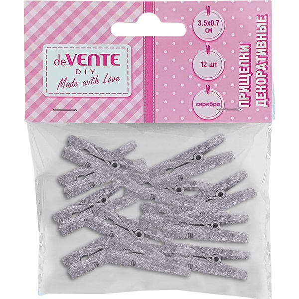 Прищепки декоративные deVENTE DIY Silver, деревянные, 35*7 мм, цв.: серебристый (12 шт.)