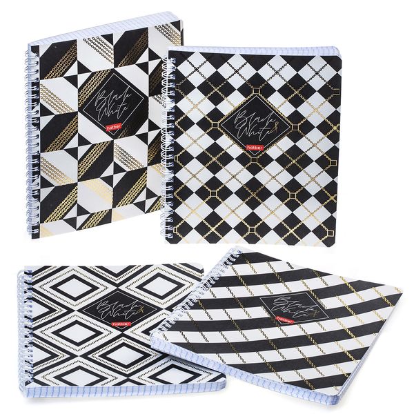 Тетрадь А5, клетка, 96 л., на гребне, 65 г/м², мат. лам., 3D фольга, Hatber Black&White_4 дизайна