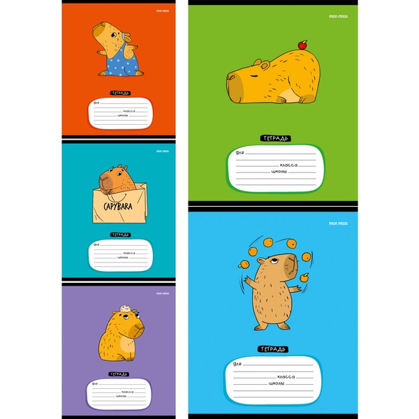 Тетрадь А5, клетка, 12 л., на скобе, 60 г/м², мел. бумага, Prof-Press Очаровательная капибара_5 дизайнов