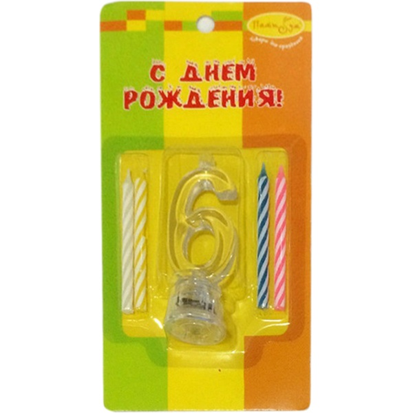 Свечи для торта 4 шт.+мигающий держателей Цифра 6