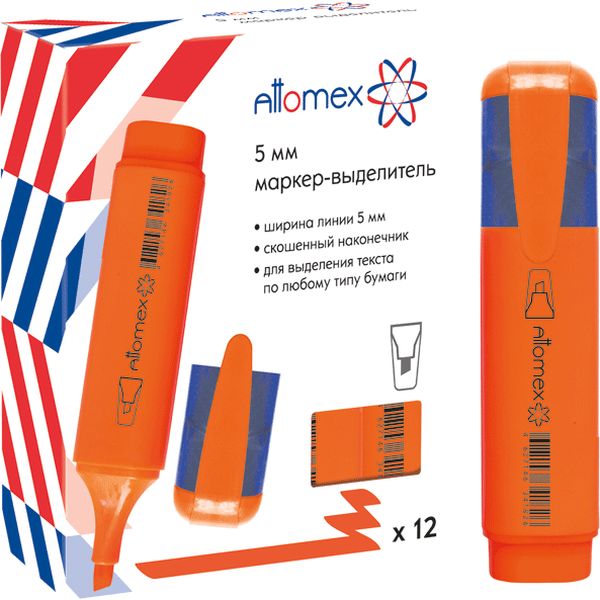 Текстовыделитель Attomex, оранжевый, линия 1-5 мм, н-к "клин", плоский корпус Текстовыделитель Attomex, оранжевый, линия 1-5 мм, н-к "клин", плоский корпус