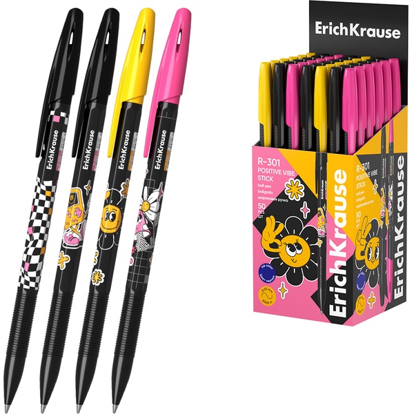 Ручка шариковая синяя, 0.7 мм "игла", рифл. грип, ErichKrause R-301 Stick Positive Vibe_4 дизайна