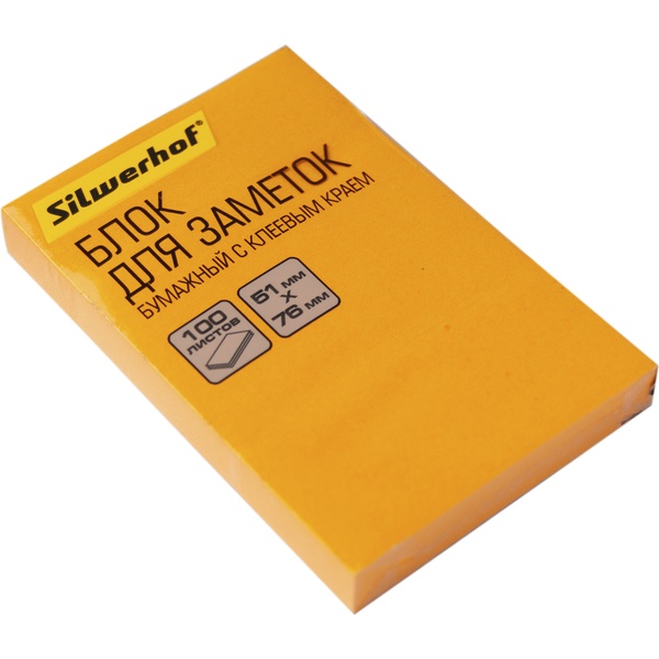 Бумага для заметок с клеевым краем, 51*76 мм, 100 л., 75 г/м2, неоновая, оранжевая, Silwerhof