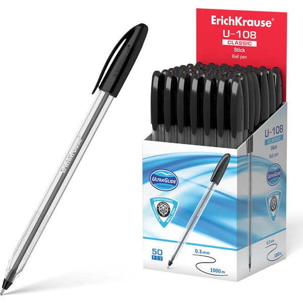 Ручка шариковая черная, 1.0 мм "игла", рифл. упор, прозр. корп., ErichKrause U-108 Stick Classic 