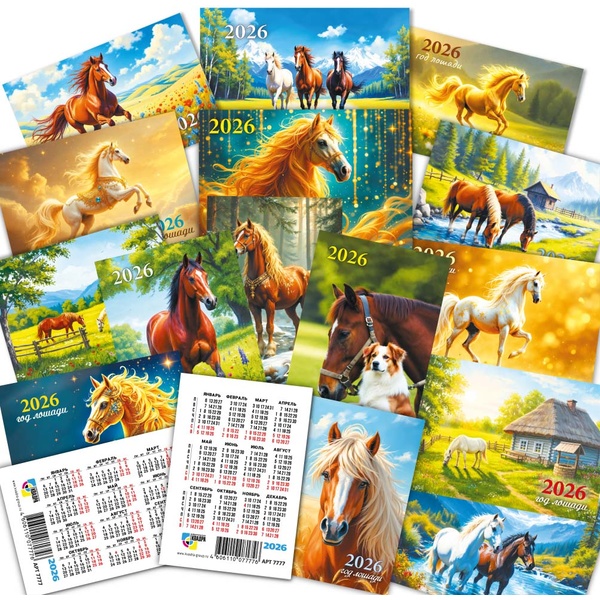 Календарь карманный 2026 г. Символ года, мел. картон 210-230 г/м2, УФ лак, ассорти Календарь карманный 2026 г. Символ года, мел. картон 210-230 г/м2, УФ лак, ассорти