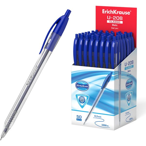 Ручка шариковая автомат., синяя, 1.0 мм "игла", рифл. упор, ErichKrause U-208 Matic Classic 