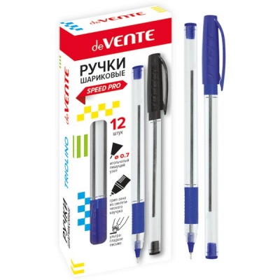 Ручка шариковая, синяя, Ø 0.7 мм "игла", трехгран., прозр., эрг. грип, speed pro, deVENTE Crystal
