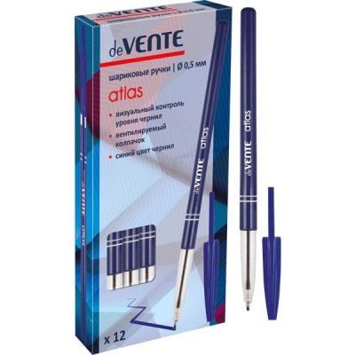 Ручка шариковая синяя, Ø 0.5 мм, составн. круг. корпус, deVENTE Atlas (Прозрачно-синяя)