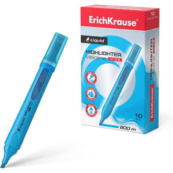 Текстовыделитель ErichKrause Liquid Visioline V-14 Neon, голубой, линия 0.6-4 мм, н-к "клин"