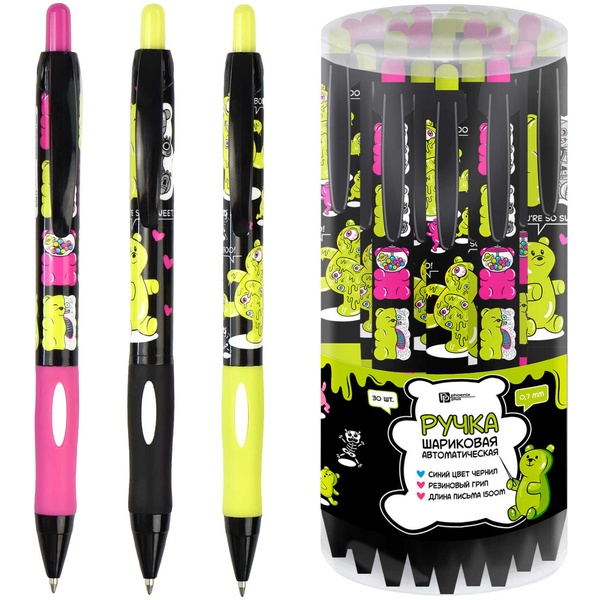 Ручка шариковая автомат., синяя, 0.5 мм, эрг. грип, ФЕНИКС+ Желейные мишки_3 дизайна Акция!