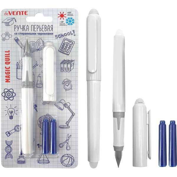 Ручка перьевая F (Fine), 3 картриджа по 0.8 мл, син. чернила, эрг. грип, deVENTE Magic Quill_белая