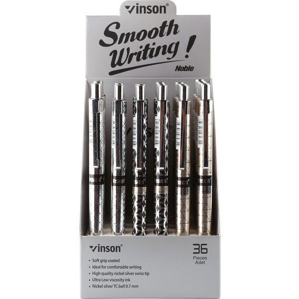 Ручка шариковая автомат., синяя, Ø 0.7 мм "игла", круг. корп., VINSON Smooth writing_3 дизайна