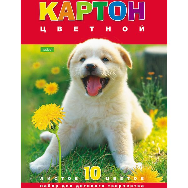 Картон цветной мелованный 10 цв., 10 л., А4, 1-ст., в папке, Hatber ECO Белый щенок Картон цветной мелованный 10 цв., 10 л., А4, 1-ст., в папке, Hatber ECO Белый щенок