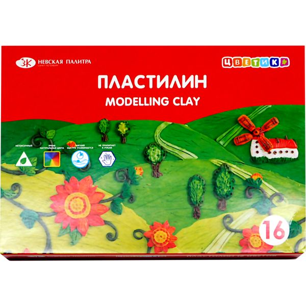 Пластилин классический ЦВЕТИК: 16 цветов, брусок 15 г, стек (к/к)