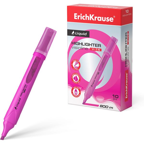 Текстмаркер розовый, неоновый, ШЛ 0.6-4 мм, н-к "клин", ErichKrause Visioline V-14 Liquid Neon