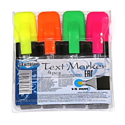 Текстмаркеры 4 цвета, неоновые, ШЛ 1-5 мм, н-к "клин", CENTRUM