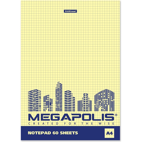 Блокнот на склейке А4, 60 л., клетка, ErichKrause MEGAPOLIS  Yello Concept, желтый внутренний блок*
