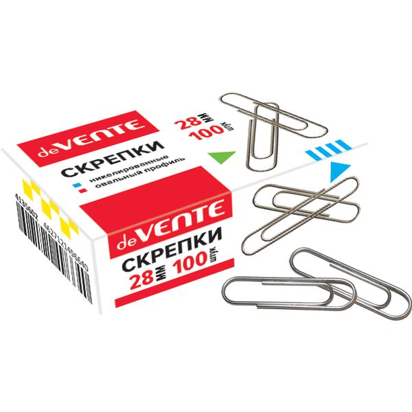 Скрепки 28 мм, никелированные, 100 шт., овальные, в к/к deVENTE Скрепки 28 мм, никелированные, 100 шт., овальные, в к/к deVENTE